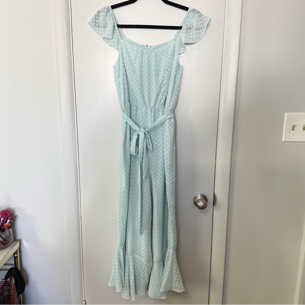 Ali & Jay Baby Blue Swiss Dot Flutter Sleeve Wide Leg Jumpsuit Small